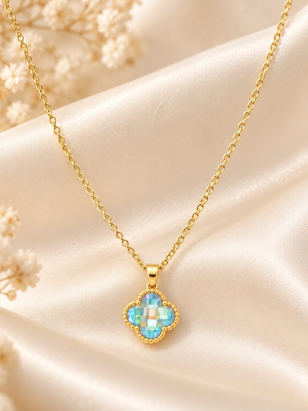 14k. Laminated Gold Clover Pendant Necklace with Blue Opal Accent